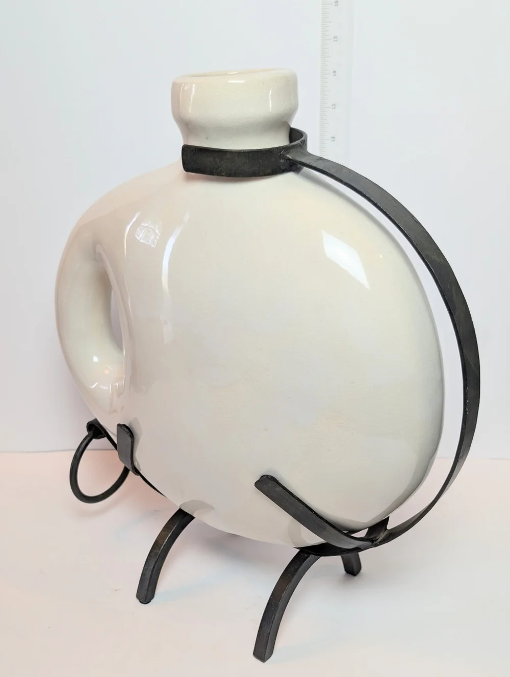 Vintage Minimalist Round Ceramic Flask Vase in Cream‎ Mid-century Modern Iron